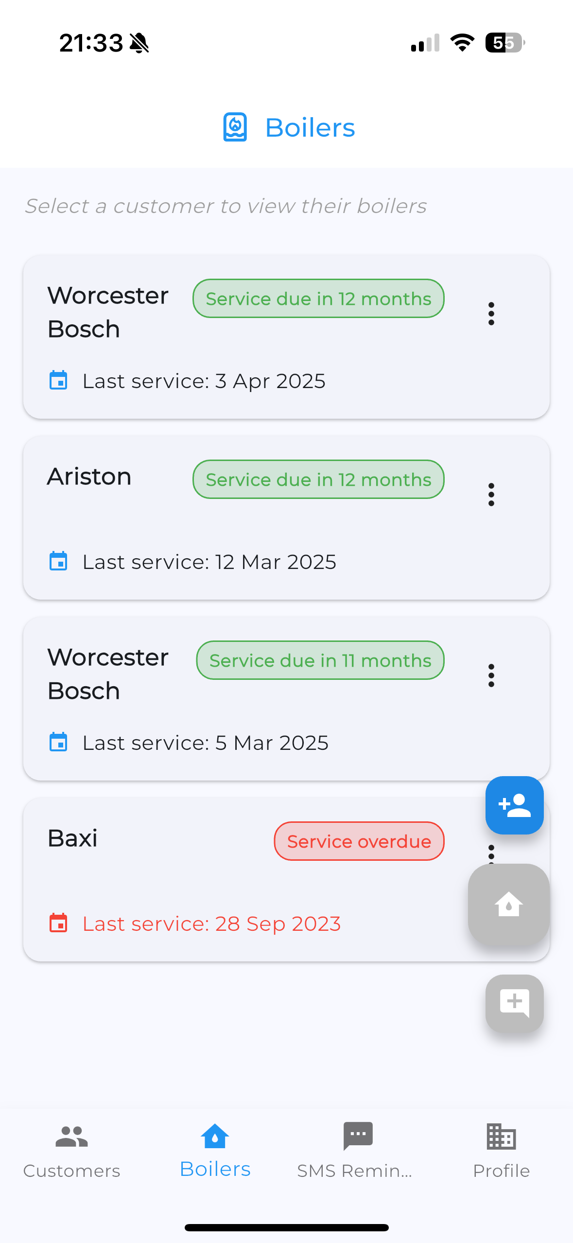 Boiler service status, showing boilers due and overdue