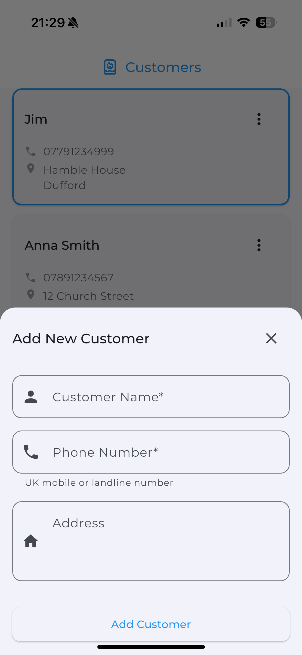 Adding a new customer in the Boiler Service Reminder app